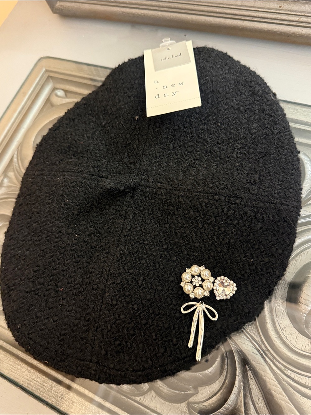 a new day Black Bouclé Beret with Pearl & Crystal Brooch Wool Blend Satin Lined
